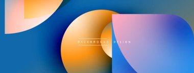 Soyut geometrik şekiller çakışıyor. Canlı renkler harmanlanır, modern tasarım yaratır. Gradyan renkler kompozisyona hakim.