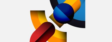 Soyut şekiller örtüşür, canlı renk karışımları yaratır. Kompozisyon kıvrımlar, daireler, ılık tonlar, serin renkler içerir. Minimalist tasarım.