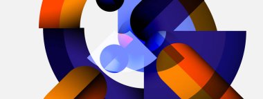 Üst üste binen geometrik şekilleri içeren soyut bileşim. Turuncu, mavi, beyaz renkler dinamik görsel ilgi yaratır. Modern tasarım elemanları.