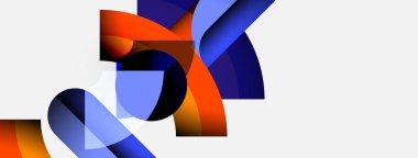 Soyut şekiller örtüşür, dinamik bileşim yaratır. Mavi, turuncu renkler beyaz arkaplana hükmediyor. Modern tasarım, sıvı formlar mevcut.