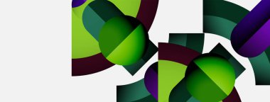 Üst üste binen yuvarlak şekilli soyut kompozisyon. Yeşiller ve morlar beyaz arka plana hakim. Modern tasarım elemanları.