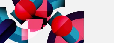 Kırmızı küreler, kıvrımlı şekiller, mavi tonlar, pembe aksanlar içeren soyut kompozisyon. Beyaz boşluklu minimalist tasarım görüntüye hakim.