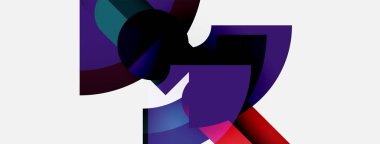 Soyut şekiller örtüşür, dinamik bileşim yaratır. Mor, deniz mavisi, kırmızı renkler beyaz arkaplana hakim. Modern tasarım elemanları.