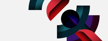 Soyut kurdeleler birbirine dolanır ve dinamik şekiller yaratır. Renkler kırmızı, deniz mavisi, mor, siyah. Minimalist tasarım, temiz arkaplan.