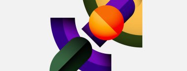 Soyut şekiller örtüşür, canlı renk karışımları yaratır. Turuncu küre kompozisyona hakim, mor aksanlar mevcut. Modern tasarım, temiz estetik.