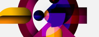 Soyut geometrik şekiller, canlı renkler, modern tasarım. Bileşim kıvrımları, açıları, üst üste binen formları içerir. Minimalist estetik, cesur zıtlıklar.