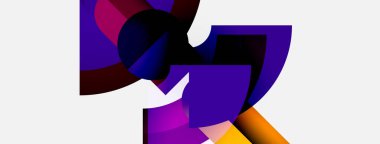 Soyut şekiller örtüşür, canlı renk karışımları yaratır. Mor egemen, turuncu, pembe ve siyah renklerde vurgulanıyor. Modern tasarım.