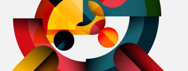 Renkli geometrik şekiller içeren soyut kompozisyon. Üst üste binen formlar kırmızı, sarı ve deniz mavisi renklerini kullanarak dinamik görsel ilgi yaratırlar..