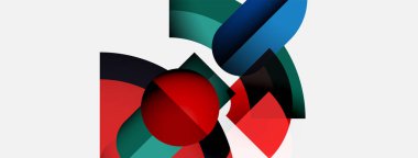 Soyut şekiller örtüşür, dinamik bileşim yaratır. Kırmızı, deniz mavisi, deniz tonları beyaz arka plana hakim. Modern tasarım elemanları.