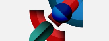 Soyut şekiller örtüşür, dinamik bileşim yaratır. Kırmızı, mavi, deniz mavisi renkleri beyaz arkaplana hükmediyor. Modern tasarım elemanları.