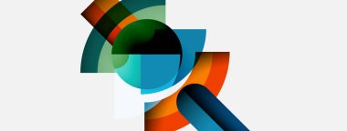 Üst üste binen renkli kavisler, daireler, şekiller içeren soyut bir kompozisyon. Modern tasarım, canlı renkler, temiz estetik. Minimalist stil.