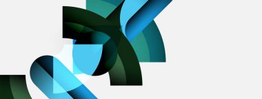 Soyut şekiller örtüşür, dinamik bileşim yaratır. Maviler, yeşiller, koyu tonlar beyaz arkaplana hakim. Modern tasarım ögesi.