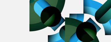 Üst üste binen daireler, dikdörtgenler içeren soyut bir kompozisyon. Mavinin tonları, yeşilin tonları beyaz arkaplana hakim. Modern, minimalist tasarım.