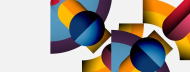 Soyut geometrik şekiller örtüşür, canlı renk zıtlıkları yaratır. Bileşik özellikler daireler, eğriler, dikdörtgenler, modern tasarım elementleri.