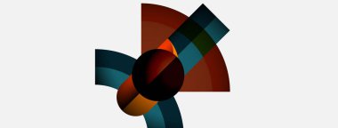 Soyut geometrik tasarım üst üste binen dairesel segmentler içerir. Renkler kırmızı, turuncu, mavi, siyah, beyaz. Minimalist kompozisyon.