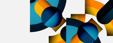 Soyut geometrik şekiller örtüşür, dinamik bileşim yaratır. Mavi, turuncu, siyah tonlar beyaz arkaplana hükmediyor. Modern tasarım elemanları.