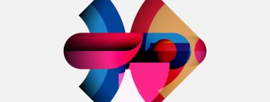 Soyut şekiller örtüşüyor, canlı renkli bir tasarım yaratıyor. Yumuşak eğimler hareketi, derinliği gösterir. Modern estetik, temiz arkaplan.