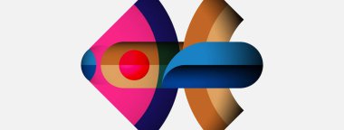 Soyut şekiller örtüşür, canlı bir bileşim yaratır. Pembe, mavi, kahverengi renkler tasarımda baskın. Modern, geometrik estetik mevcut.