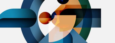 Soyut geometrik bileşim. Şekiller örtüşüyor, dinamik görsel ilgi yaratıyor. Renkler arasında maviler, portakallar, yeşiller, beyazlar var. Modern tasarım.