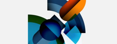 Soyut şekiller örtüşür, dinamik bileşim yaratır. Mavi, turuncu, yeşil renkler beyaz arkaplana hakim. Modern tasarım elemanları.