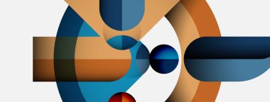 Üst üste binen daireler, eğriler ve eğriler içeren soyut bir kompozisyon. Renkler arasında mavi, turuncu, beyaz var. Modern tasarım, geometrik şekiller mevcut.