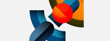 Soyut geometrik şekiller örtüşür, dinamik bileşim yaratır. Kırmızı küre mavi ve turuncu renklerle çelişiyor. Minimalist tasarım, temiz estetik.