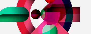 Üst üste binen geometrik şekilleri içeren soyut bileşim. Canlı renkler karışıyor, dinamik görsel deneyim yaratıyor. Modern tasarım, temiz çizgiler.