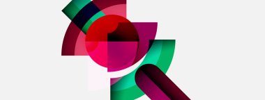 Soyut şekiller örtüşür, canlı renk karışımları yaratır. Bileşim eğriler, daireler, gradyanlar, modern estetik özellikler içerir. Minimalist tasarım, temiz arkaplan.