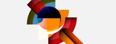 Soyut geometrik şekiller örtüşür, canlı renk kombinasyonları yaratır. Bileşik özellikler eğriler, açılar, dinamik görsel enerji.