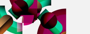 Soyut geometrik şekiller örtüşüyor, canlı renk eğimleri yaratıyor. Bileşik özellikler daireler, eğriler, açısal biçimler, modern tasarım.