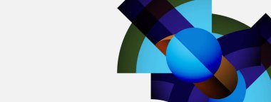 Soyut geometrik şekiller örtüşür, dinamik bileşim yaratır. Mavi küre merkeze hükmediyor, daha koyu renklerle çevrili. Minimalist tasarım.