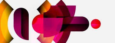 Soyut kompozisyon. Üst üste binen şekiller, canlı renkler, gradyanlar dinamik görsel efekt yaratır. Modern tasarım, basit arkaplan.