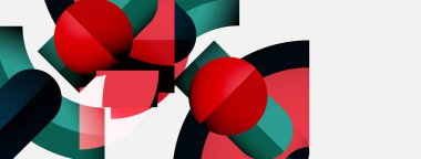 Kırmızı küreler, deniz mavisi şekilleri, beyaz boşluklar içeren soyut bir kompozisyon. Geometrik formlar dinamik görsel etkileşim yaratır. Modern tasarım elemanları.