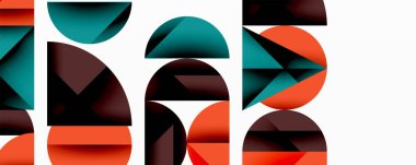 Soyut geometrik bileşim. Şekiller örtüşüyor, dinamik görsel ritim yaratıyor. Renkler arasında deniz mavisi, kestane rengi, turuncu, beyaz. Modern tasarım.