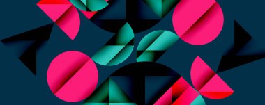 Soyut geometrik şekiller, pembeler, döşemeler, siyahlar dinamik bileşim oluşturur. Modern tasarım, gradyanlar, üst üste binen formlar görsel ilgi sunar.