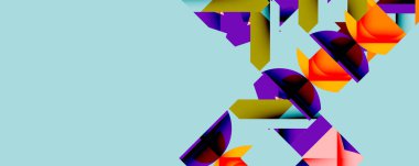 Soyut geometrik şekiller, canlı renkler, modern tasarım. Kompozisyon üst üste binen formlar içeriyor, dinamik görsel ilgi yaratıyor.