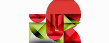 Soyut geometrik şekiller, kırmızı, yeşil renkler kompozisyona hakim. Minimalist tasarım, temiz çizgiler, modern estetik. Basit ama çarpıcı görsel etki.