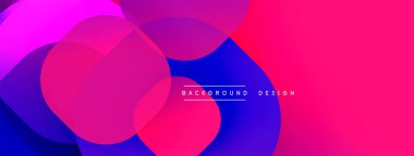 Soyut enerjik tasarım. Üst üste binen daireler sıvı eğimleri yaratır, pembeler, maviler baskın gelir. Metin arka plan tasarımı okur. Modern estetik.