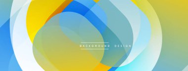 Soyut tasarım özellikleri üst üste binen daireler, canlı renkler. Sarı, mavi, yeşil renkler dinamik görsel efekt yaratır. Modern arkaplan dokusu.