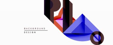 Soyut geometrik tasarım katmanlı şekiller, canlı renkler içerir. Mavi, kahverengi, turuncu renkler dinamik kompozisyon oluşturur. Modern estetik, uygun arkaplan ögesi.