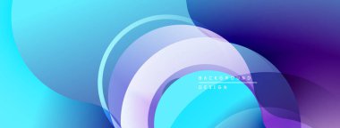 Soyut akışkan şekiller, canlı maviler, morlar, beyazlar modern arka plan oluşturur. Yumuşak eğimler hareketi, derinliği gösterir.