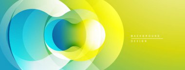 Soyut gradyan çemberler çakışıyor. Parlak turkuaz, sarı renkler dinamik görsel efekt yaratır. Modern tasarım ögesi.