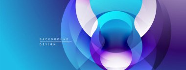 Soyut tasarım katmanlı daireler, canlı mavi, mor renkler içerir. Yumuşak gradyanlar modern, dinamik görsel efekt yaratır.