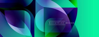Soyut geometrik şekiller örtüşüyor, canlı renk eğimleri yaratıyor. Tasarımda turkuaz, mor, yeşil renkler var. Modern estetik.
