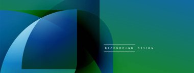 Soyut geometrik şekiller örtüşüyor, dinamik mavi, yeşil gradyanlar yaratıyor. Metin arkaplan tasarımlı minimalist tasarım görünür.