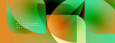 Soyut geometrik şekiller örtüşüyor, canlı renk eğimleri yaratıyor. Turuncu, yeşil renkler tasarıma egemen, modern estetik.