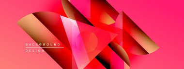 Soyut geometrik şekiller örtüşüyor, canlı kırmızı ve pembe renkler yaratıyor. Modern tasarım elementleri dinamik görsel deneyim önerir.