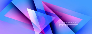 Soyut geometrik şekiller canlı mavileri, morları ve pembeleri harmanlarlar. Modern tasarım dinamik görsel deneyim yaratır. Arkaplanda metin ögeleri.
