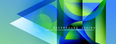 Soyut geometrik şekiller örtüşür, parlak mavi, yeşil eğimler yaratır. Modern tasarım elementleri dinamik bileşim, temiz estetik.