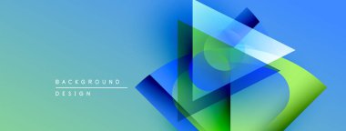 Soyut geometrik şekiller örtüşür, parlak mavi, yeşil eğimler yaratır. Modern tasarım elementleri teknoloji ve yenilik öneriyor. Yumuşak geçişler bileşimi tanımlar.